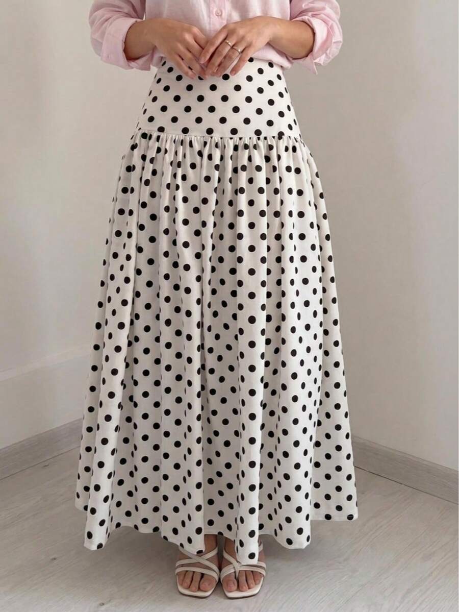 Polka Dot Elegant Knit Fabric Skirt For Evening Date, Holiday, Vacation, Daily Wear, Street Style, Spring, Autumn, Winter - White - View 1