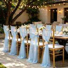 10pcs Elegant Light Blue Tulle Chair Back Bow Set, Corridor Wedding Chair Back Decor, Holiday Church Banquet Ceremony Reception Chair Tulle Set, Photography Props, Birthday Party Home Decor - Baby Blue - View 12