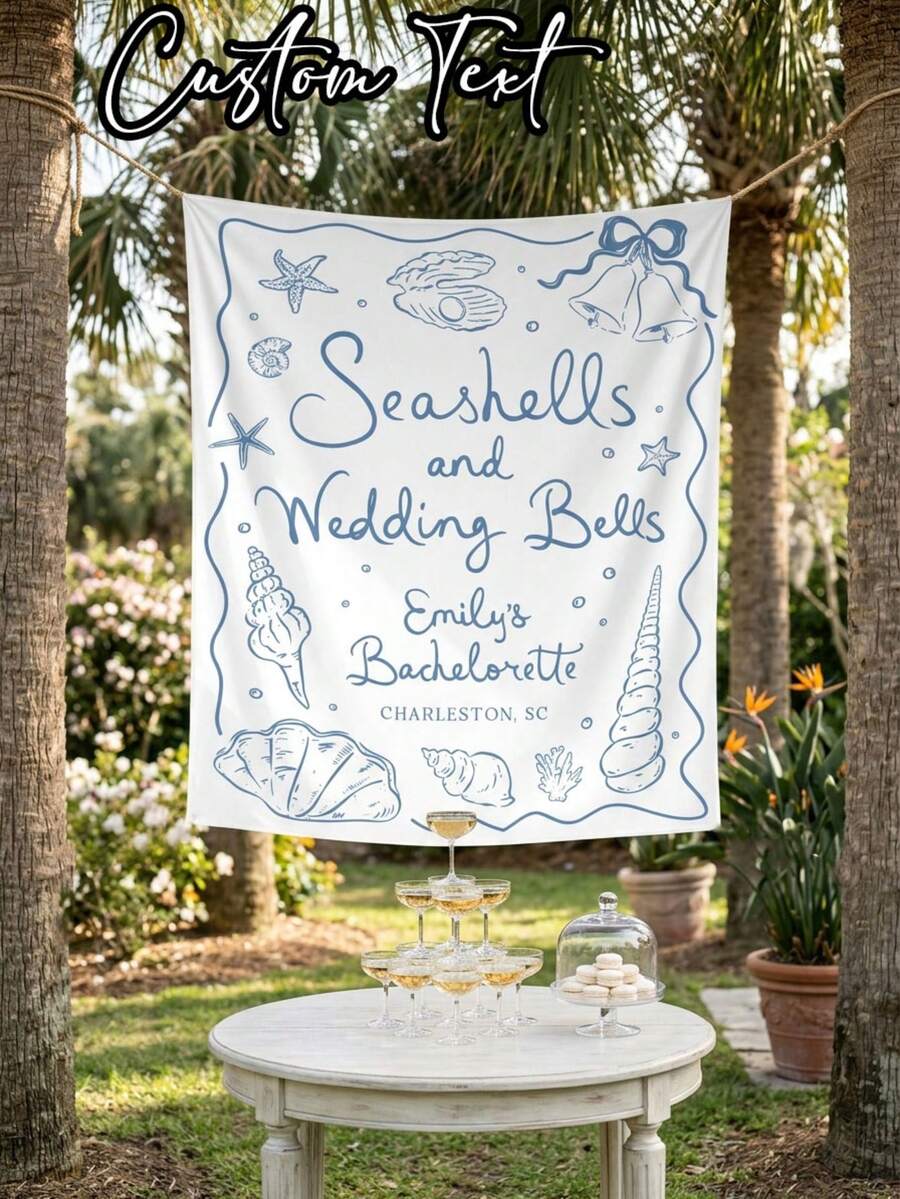 1pc-Personalized Seashells And Wedding Bells Bachelorette Party Banner Decor, Custom Beach Bachelorette Backdrop, Coastal Bachelorette Party Decor Tapestry Custom Decor - Multicolor - View 1