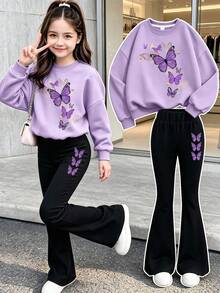 Teen Girls Casual Butterfly Print Crew Neck Sweatshirt And Flare Pants 2-Piece Set, Autumn Winter Outfit, Campus Style, Homecoming Look - Mauve Purple - View 1
