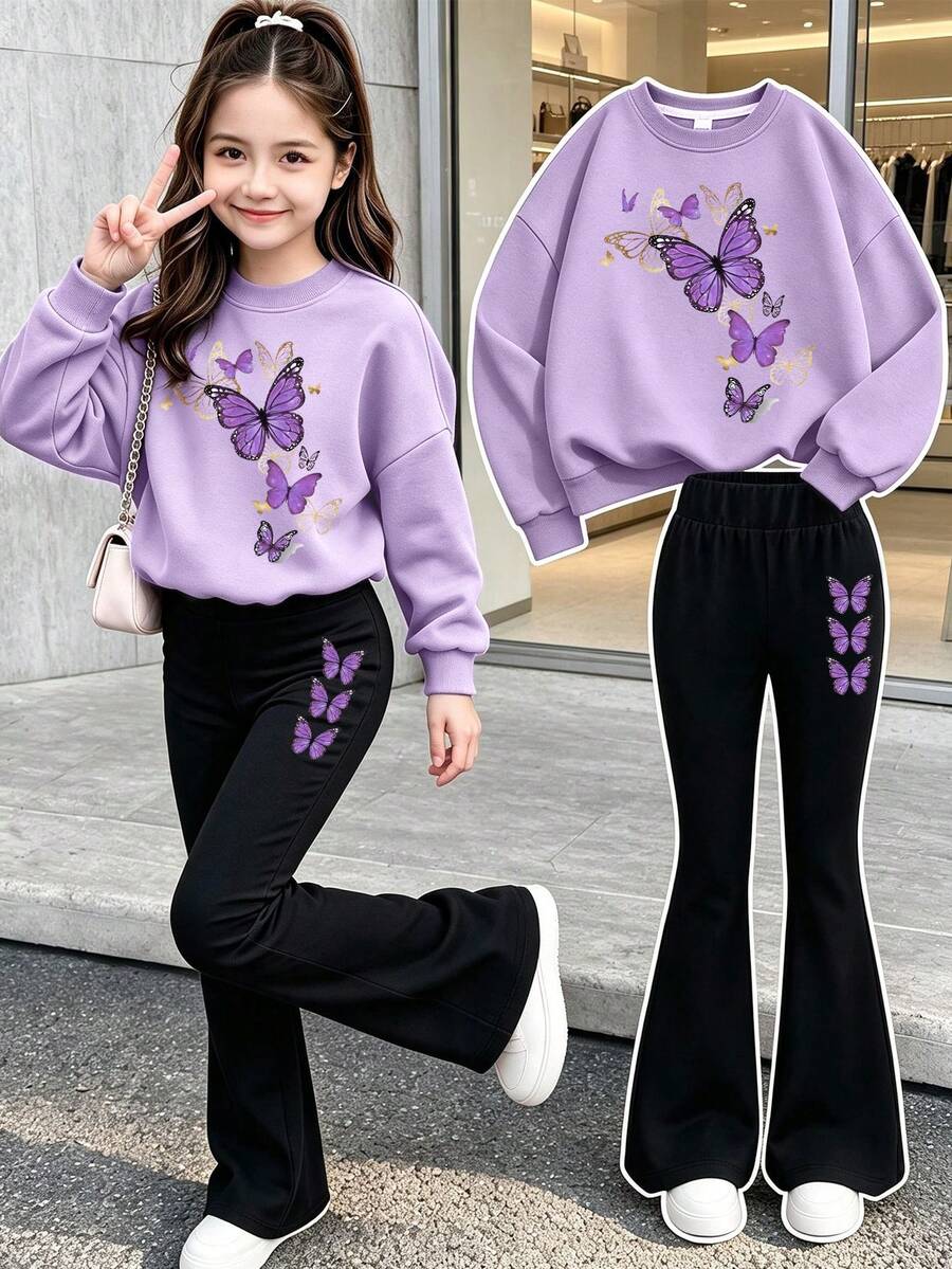 Teen Girls Casual Butterfly Print Crew Neck Sweatshirt And Flare Pants 2-Piece Set, Autumn Winter Outfit, Campus Style, Homecoming Look - Mauve Purple - View 1