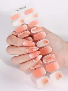 20pcs Autumn Floral Semi Cured Gel Nail Strips, Warm Apricot Ombre Gold Flower Gel Nail Wraps, UV Lamp Cure & Long Lasting Salon Quality Nail Art For Women's Fall Outfits And Autumn Parties - Apricot - View 5
