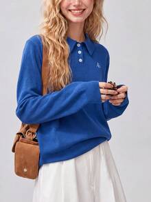 Women's New Autumn Casual Minimalist Preppy Style Blue Ribbed Knit Long Sleeve Polo Collar Pullover Sweater - Blue - View 4