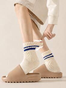 3 Pairs Men's Color Block Striped Mid-Calf Socks, Comfortable Breathable College Style Thick Stripe Slouch Design, Fashion Men's Autumn/Winter Sports Socks - Multicolor - View 3