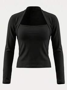 Kaos Hitam Lengan Panjang Pas Badan Seksi untuk Wanita, Atasan Pullover Musim Gugur dan Musim Semi yang Chic & Serbaguna - Hitam - View 9