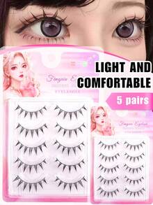 5 Pairs Manga Style Pointed Tail False Eyelashes, Japanese And Korean Style Design, Natural Long Pointed Tail Effect, Easily Create Exquisite And Lively Big Eye Makeup, Soft And Realistic Hair Bundles Fit Lightly To Eye Shape, DIY Quick Application Saves Time And Effort, Suitable For Beginners, Reusable, Suitable For Daily, Commuting, Dating, Travel, Party, Perfect Holiday Gift For Best Friend, Girlfriend - Black - View 2
