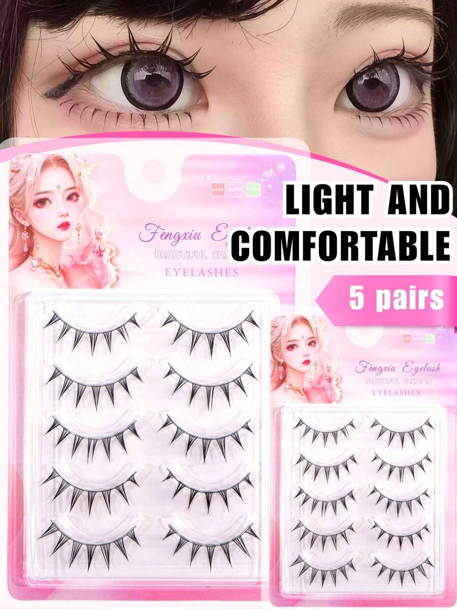 5 Pairs Manga Style Pointed Tail False Eyelashes, Japanese And Korean Style Design, Natural Long Pointed Tail Effect, Easily Create Exquisite And Lively Big Eye Makeup, Soft And Realistic Hair Bundles Fit Lightly To Eye Shape, DIY Quick Application Saves Time And Effort, Suitable For Beginners, Reusable, Suitable For Daily, Commuting, Dating, Travel, Party, Perfect Holiday Gift For Best Friend, Girlfriend