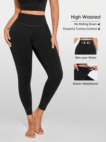 Women's Solid Color High Waist Fashionable Fitness Shaping Leggings - Black - View 3