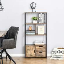 Estante de estilo industrial com 3 prateleiras, porta de armário, 2 gavetas, em aglomerado com acabamento em madeira envelhecida e detalhes em aço preto. - A - Ver 4