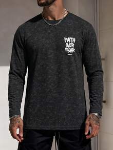 Men's English Print Spring/Autumn Faux Washed Drop Shoulder Loose Crew Neck Long Sleeve T-Shirt - Black - View 2