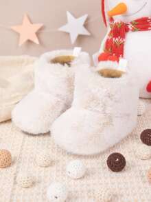 Fuzzy Boots For Baby Girls, Warm Comfortable Flat Hook And Loop Snow Boots - Apricot - View 1