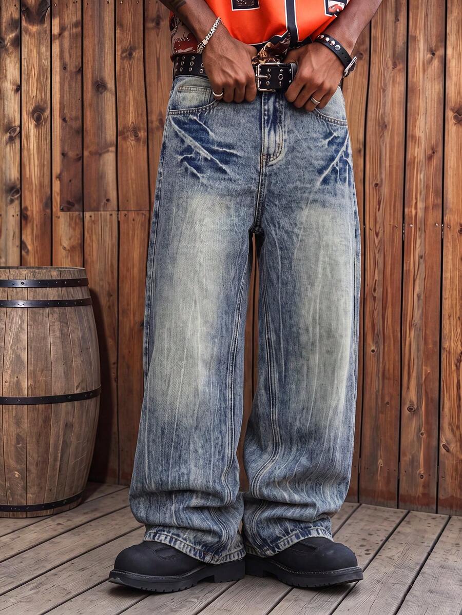 Men Vintage Acid Wash Wide Leg Jeans, Crinkle Snowflake Faded Baggy Denim Pants Streetwear (Pants Do Not Include Belt) - Blue - View 1