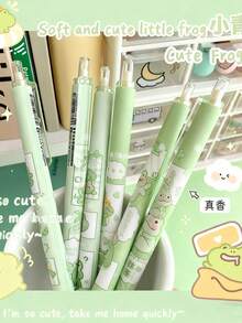 6pcs Cute Frog Designed Ballpoint Pens, High-Quality Matcha Green Student Stationery 0.5mm Black Ink Smooth Writing Pens - Black - View 5