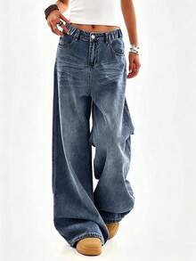 Light Blue Straight Leg Jeans For Tween Girls & Teenagers, Casual Loose Fit Retro Wide Leg Pants - Navy Blue - View 1