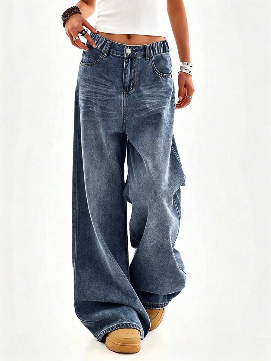 Light Blue Straight Leg Jeans For Tween Girls & Teenagers, Casual Loose Fit Retro Wide Leg Pants - Navy Blue - View 1