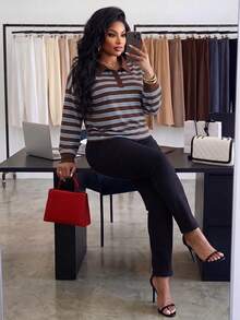 BIUBIU Women's Plus Size Striped Knit Polo Shirt, Long Sleeve Brown Fitted Top With Regular Hem Perfect For Casual Fall & Winter - Brown - View 3