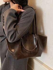 2pcs Solid Color Large Capacity Tote Bag Casual Bookbag Dual Handle Design Magnetic Closure Shoulder Bag Suitable For Travel Shopping Dating Office - Coffee - View 5
