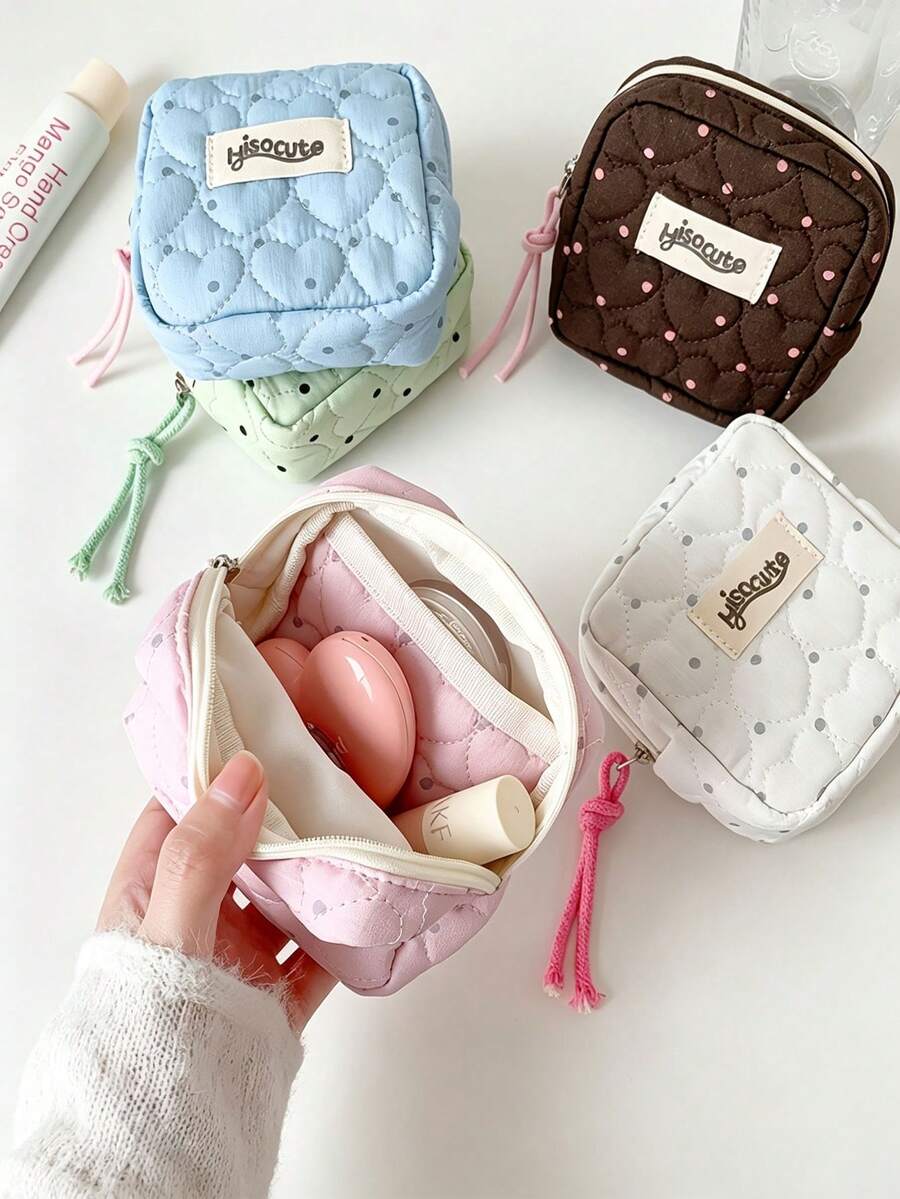 Polka Dot Heart Mini Square Sanitary Pad Storage Bag, Polka Dot Pattern Mini Cosmetic Bag Sanitary Pad Storage Pouch, Women's Coin Purse, Multi-Functional Portable Toiletry Bag Wallet - Multicolor - View 1