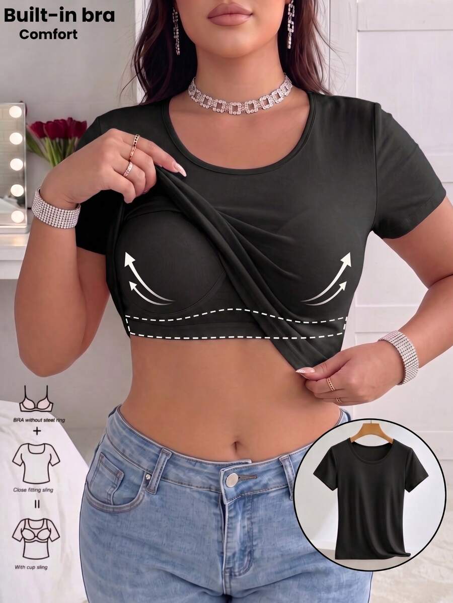 Plus Size Short Sleeve T-Shirt With Built-In Bra Padded Crewneck Wireless Tee Soft Stretch Baselayer Top - Black - View 1