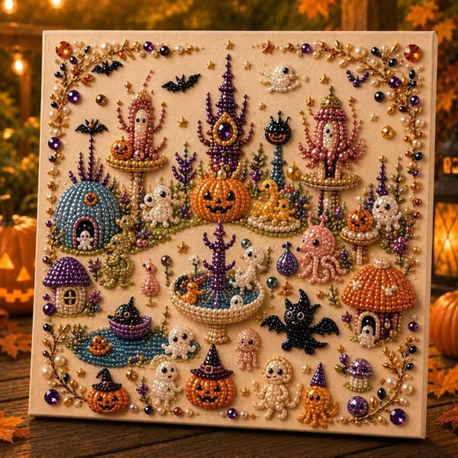 Halloween Ghost Pearl Painting DIY Kit Pumpkin Cat Ghost Diamond Painting Handmade Home Decor - Multicolor - View 1