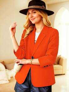 HOMEYEE Plus Size Blazer Jacket With Lapel Collar, Long Sleeve, Pockets, Back Slit, Vintage Elegant Casual Formal Business Wear Spring Fall - Orange - View 4