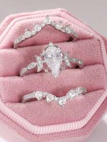3pcs Set Exquisite Luxury Sparkling Teardrop Shaped Women's Rings, Suitable For Various Occasions, Ideal Holiday Gift - Silver - View 14