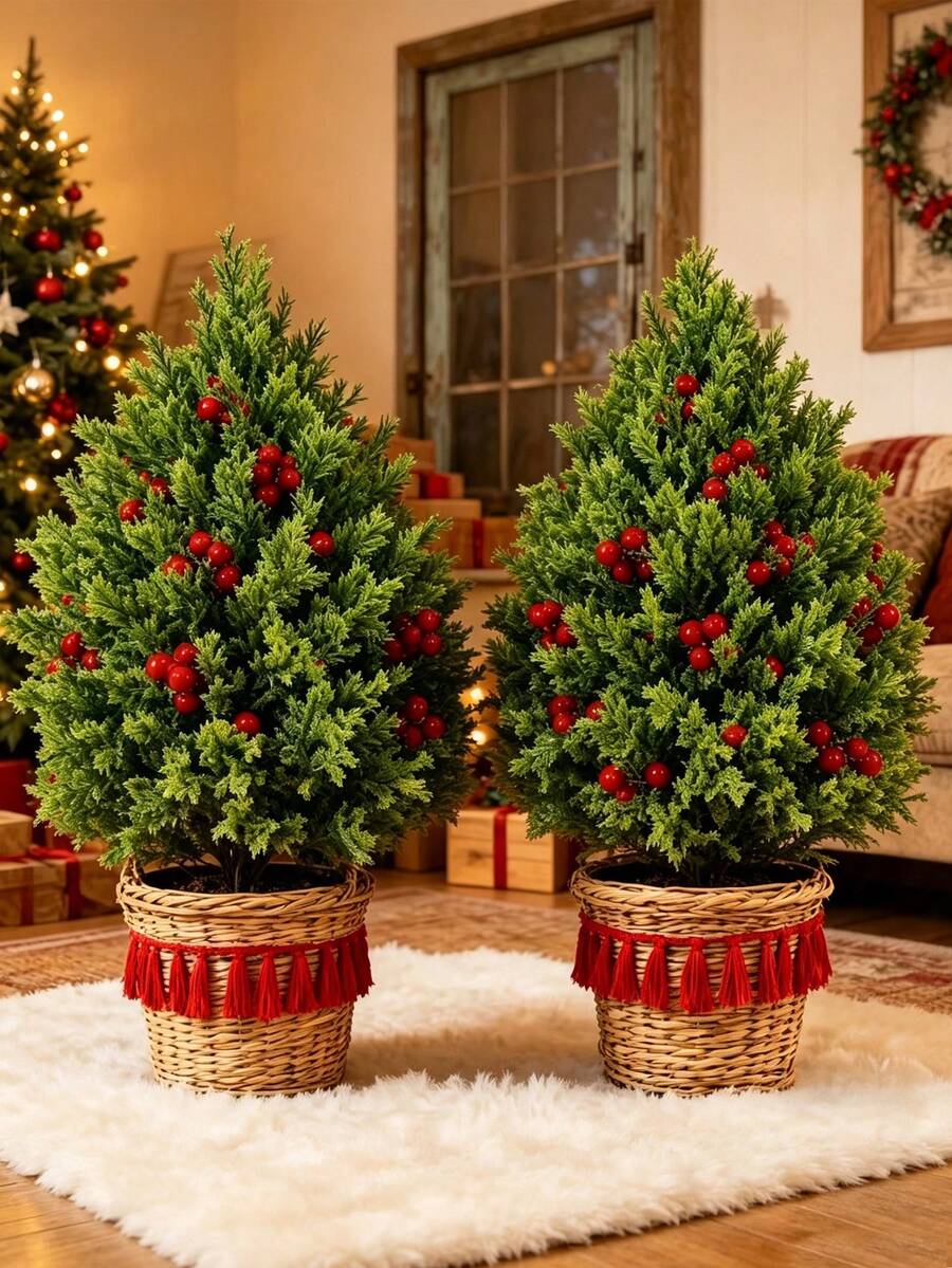 1pc Artificial Pine Christmas Tree With Red Berries, Artificial Cedar Plant, Christmas Artificial Plant, Christmas Party Decoration, Suitable For Home Decor, Christmas Tree Decoration, Room Decor, Bedroom Decor, Tabletop Decor, Porch Decor - Multicolor - View 1
