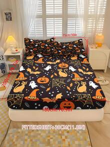 2/3PCS Black Halloween Cartoon Fitted Sheet Set Pumpkin Bat Print Fitted Sheet Set Soft Breathable Bedding For All Seasons Twin/Full/Queen 100% Polyester Machine Washable - Multicolor - View 13