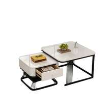 Nesting Coffee Table Set Of 2, Modern Marble Effect Coffee Tables With Storage Drawer, Extendable Side End Table With Metal Frame For Living Room - White - View 11