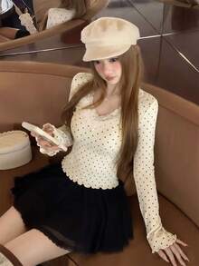 Korean Vintage Polka Dot Knit Long Sleeve Top, Lace Patchwork Deep V-Neck, Ruffle Hem And Cuffs, Slim Fit Base Layer - Apricot - View 3
