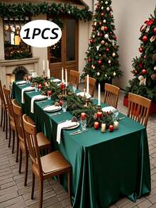 1pc Christmas Deep Green Satin Rectangular Tablecloth, Glossy Silk Fabric, Smooth Texture, Washable, Suitable For Wedding Banquet, Birthday Party, Dinner, Anniversary Table - Multicolor - View 12