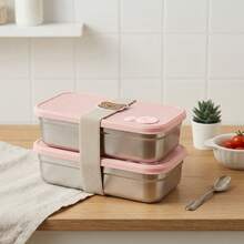 Stainless Steel Bento Box, Adult Lunch Box, Microwavable Meal Prep Containers With Dividers, Pink Metal Snack Containers With Lids, Stackable Travel Food Containers, Leak-Proof School Student Bento Snack Box With Bear Strap - Multicolor - View 3