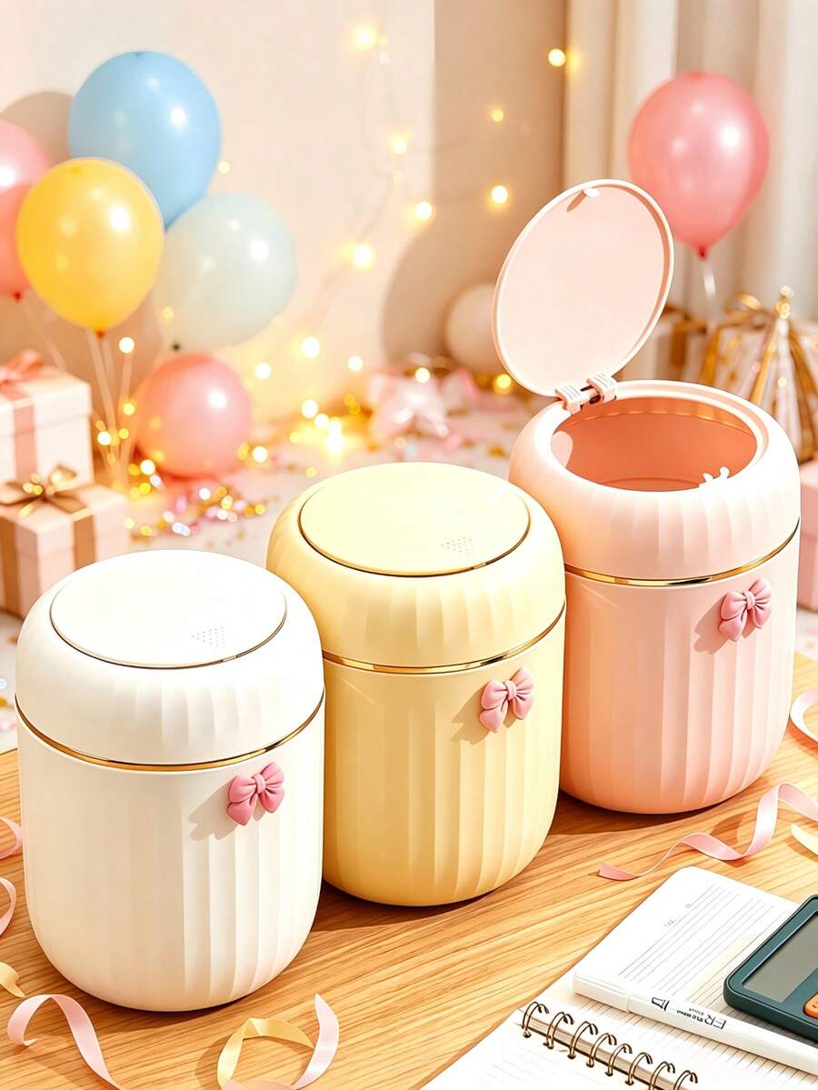 New Desktop Trash Can With Large Opening And Press-Open Lid, Compact Luxury Press-Type Desktop Trash Can, Halloween Gift Creative Small Coffee Table Office Living Room Study With Lid, Decorated With Cute Bow, Holiday Gift, Desktop Trash Can, Press-Type Office Living Room Cute Bedroom Home Storage Bow, Decorated With Bow Mini Office Desktop Trash Can - View 1
