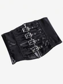 Black Patent Leather Waist Cincher Corset Belt With 4 Metal Buckles And Zipper, Underbust Waist Shaping Belt, Gothic Punk Style For Halloween Carnival Party - Black - View 4