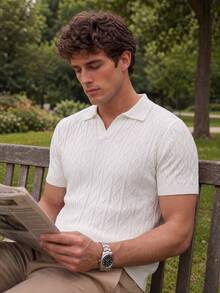 Men's Crew Neck Diamond Pattern Short Sleeve Sweater - White - View 2