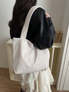 Women's Corduroy Solid Color Shoulder Tote Bag, Suitable For Daily Commute, Travel, Shopping - Beige - View 5
