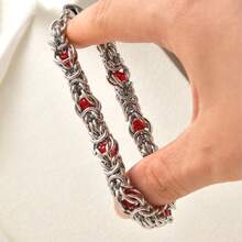 1pc Street Hip-Hop Punk Style Stainless Steel Silver Bracelet, Inlaid With Red Zirconia, Unisex, Suitable For Daily And Party Wear - Silver - View 6