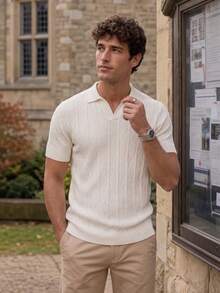 Men's Argyle Cable Knit V-Neck Short Sleeve, Y2K Loose Casual Top - White - View 1