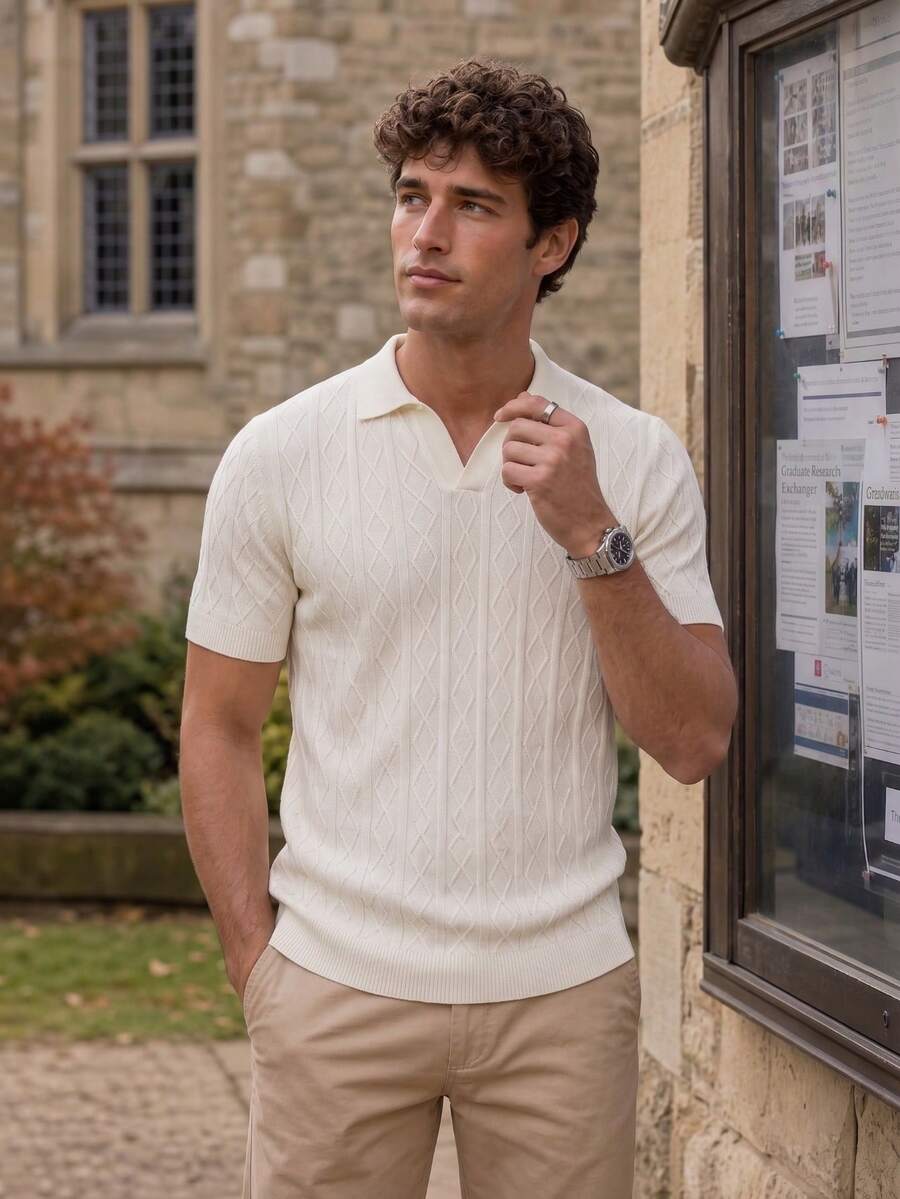 Men's Argyle Cable Knit V-Neck Short Sleeve, Y2K Loose Casual Top - White - View 1