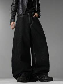 Men's American Brand Wide Leg Jeans, Retro Unique Embroidery Design, Fashion Daily All-Season Long Pants (No Belt & Accessories Included) - Black - View 2
