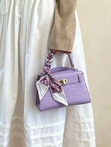 Elegant Lavender Purple PU Leather Handbag, Women's Structured Crossbody Bag With Scarf Decoration, Durable And Textured, Suitable For Commuting And Shopping - Violet Purple - View 3