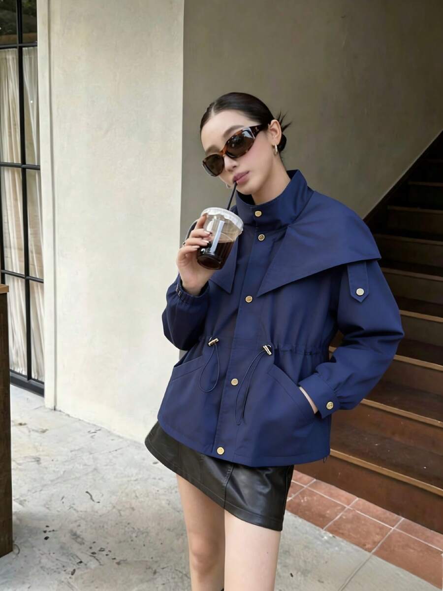 Women's Commuter Style Fashion Regular Fit Coat, Fashion Cinched Waist Large Lapel Solid Color Coat, Autumn/Winter
