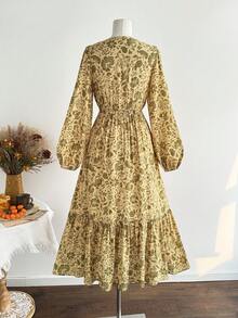 Rusttydustty Women's Vacation Style Elegant Garden Floral V-Neck Long Sleeve Dress - Yellow - View 10
