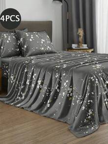4-Piece Dark Gray Plum Blossom Branch Pattern Bedding Set, Easy-Care Soft Bedding Set, Floral Pattern Fitted Sheet Set (1 Flat Sheet + 1 Fitted Sheet + 2 Pillowcases), Fitted Sheet Set, Suitable For King, Queen, Full, Twin Sizes - Dark Grey - View 2