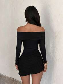 Autumn Solid Color Shiny Textured Off-Shoulder Long Sleeve Mini Dress Casual Party Basic Short Dress - Black - View 6