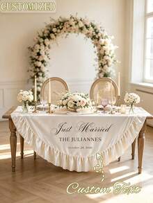 Customized Newlywed Satin Table Runner, Personalized Family Name & Date Scalloped Edge Tablecloth, Custom Wedding Sweet Table Decor, Reception Bride Shower Table Decoration Gift - Multicolor - View 2