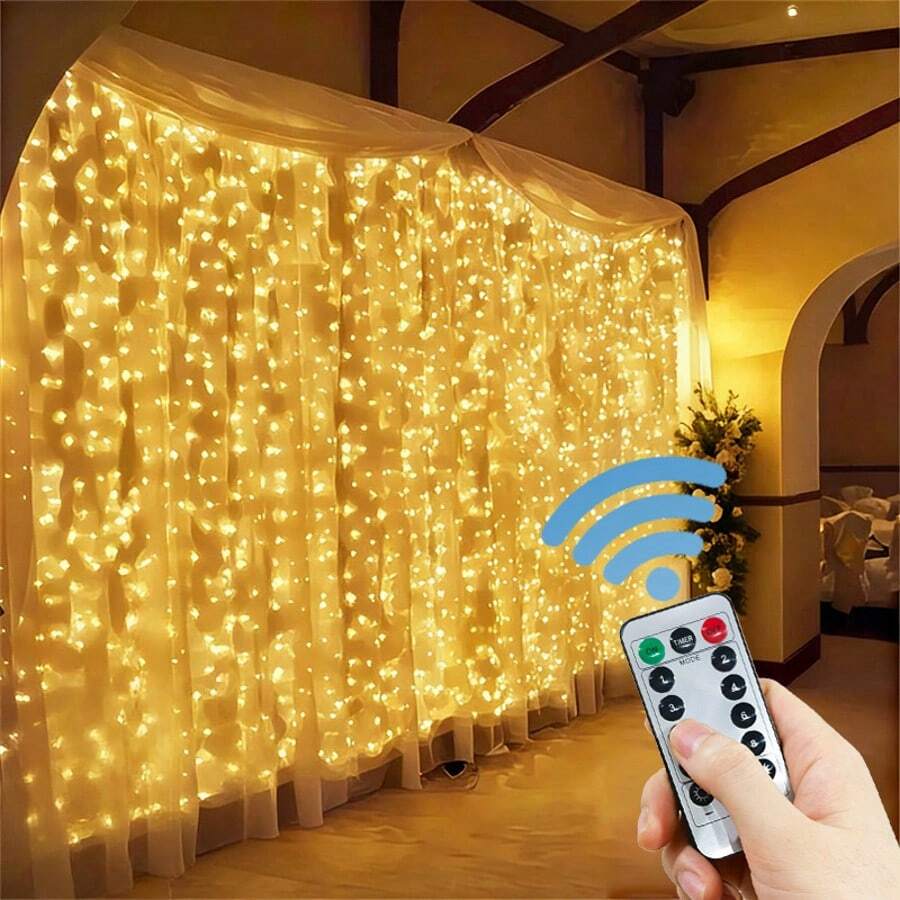 1pc 8-Function LED Curtain Lights USB Powered Christmas Halloween Atmosphere Light Wedding Party Home Wall Decor (Remote Control Not Included)