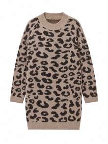 Plus Size Women's Vintage Leopard Print Long Sleeve Sweater Dress - Multicolor - View 6