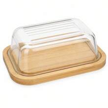 Cake And Butter Box With Natural Bamboo Base And Glass Lid, Kitchen Storage Container For Pastries, Size 14.5x19x6.5 Cm - White - View 8