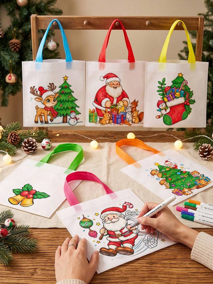 6pcs Christmas Theme DIY Tote Bags, Including Santa Claus, Reindeer And Other Fun Patterns, Can Be Hand Painted And Colored, Creative Crafts, Party Gift Bags, Holiday Gift Bags, Christmas, Party Gift Decorations (Colored Pens Not Included) - Multicolor - View 3